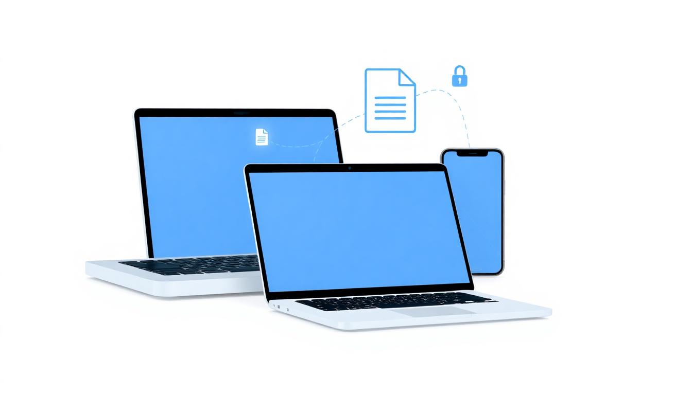 Illustration of laptops and phones syncing encrypted notes
